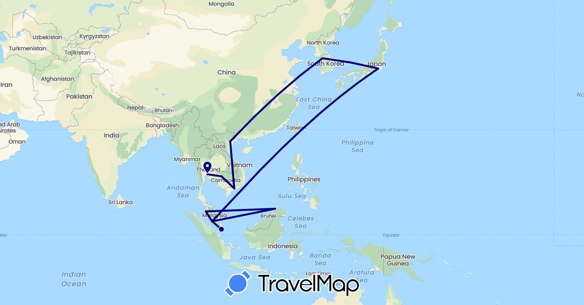 TravelMap itinerary: driving in Japan, Cambodia, South Korea, Malaysia, Singapore, Thailand, Vietnam (Asia)